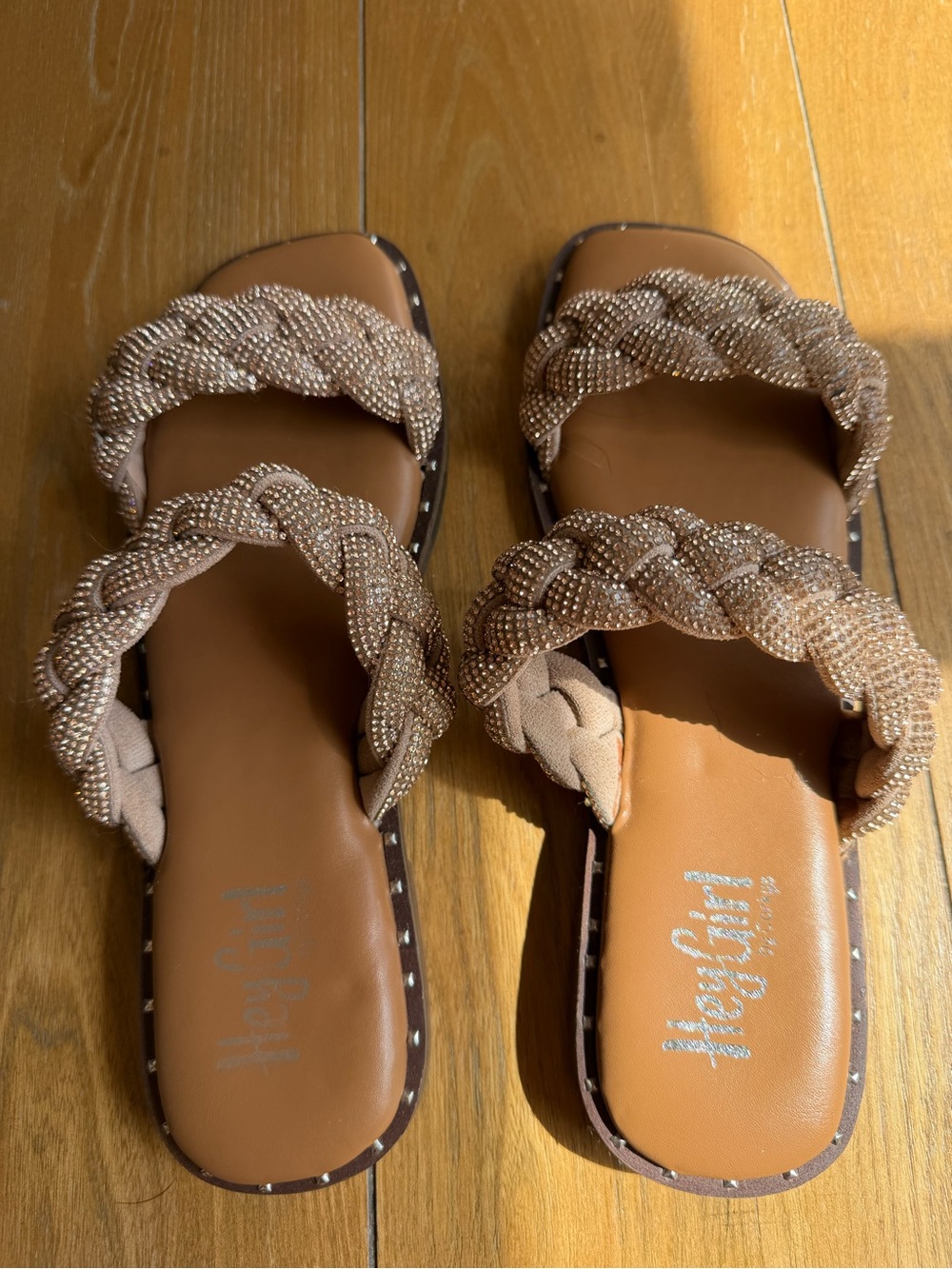 Braided Beaded Slide Sandals in Light Brown